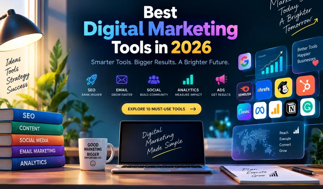 Stylish digital marketing workspace featuring SEO, email, social media, analytics and advertising tools in 2026