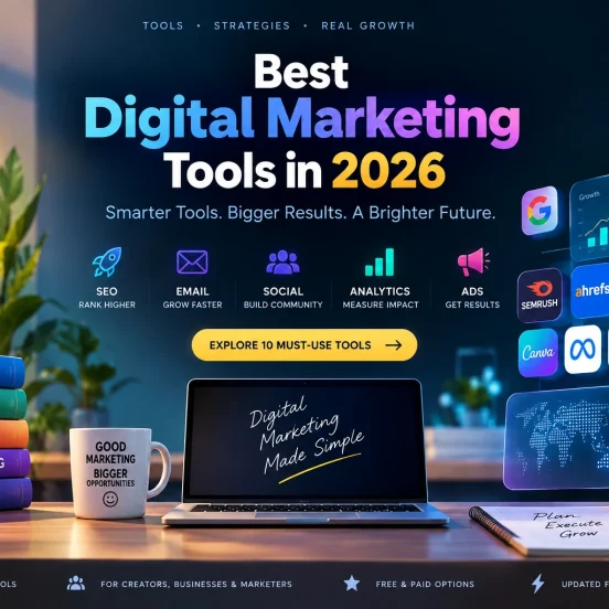 Stylish digital marketing workspace featuring SEO, email, social media, analytics and advertising tools in 2026