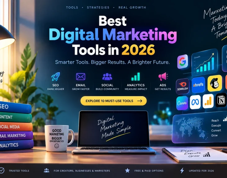 Stylish digital marketing workspace featuring SEO, email, social media, analytics and advertising tools in 2026