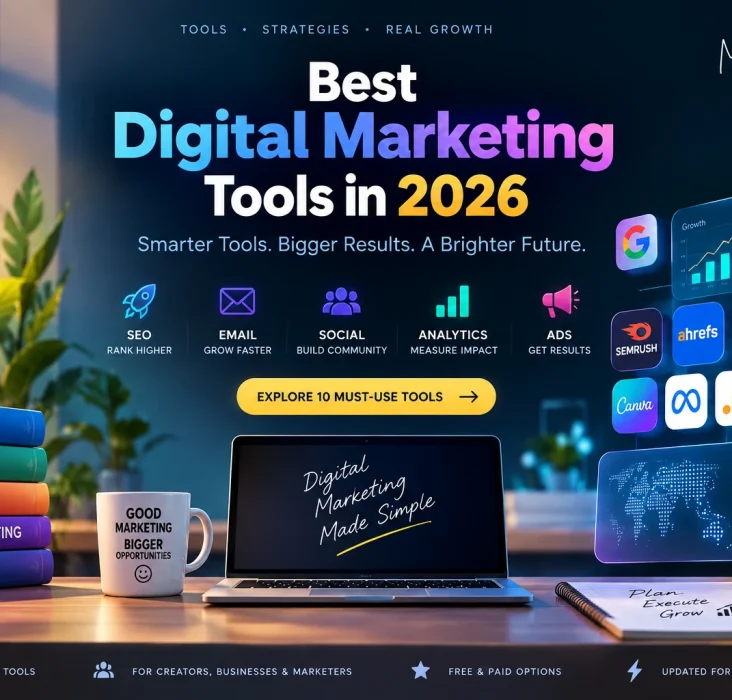 Stylish digital marketing workspace featuring SEO, email, social media, analytics and advertising tools in 2026