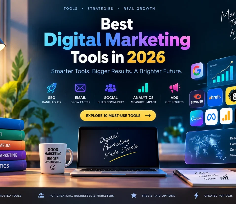 Stylish digital marketing workspace featuring SEO, email, social media, analytics and advertising tools in 2026