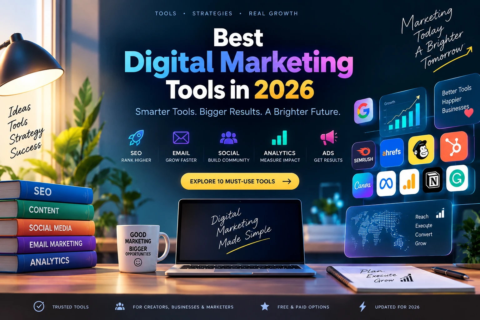 Stylish digital marketing workspace featuring SEO, email, social media, analytics and advertising tools in 2026