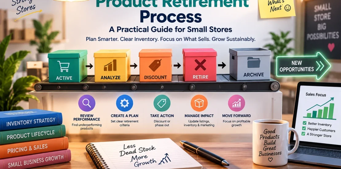 Ecommerce product retirement process showing inventory review, discounting, product removal and archive steps for small stores