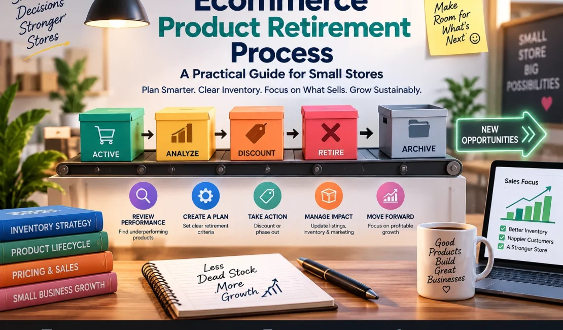 Ecommerce product retirement process showing inventory review, discounting, product removal and archive steps for small stores