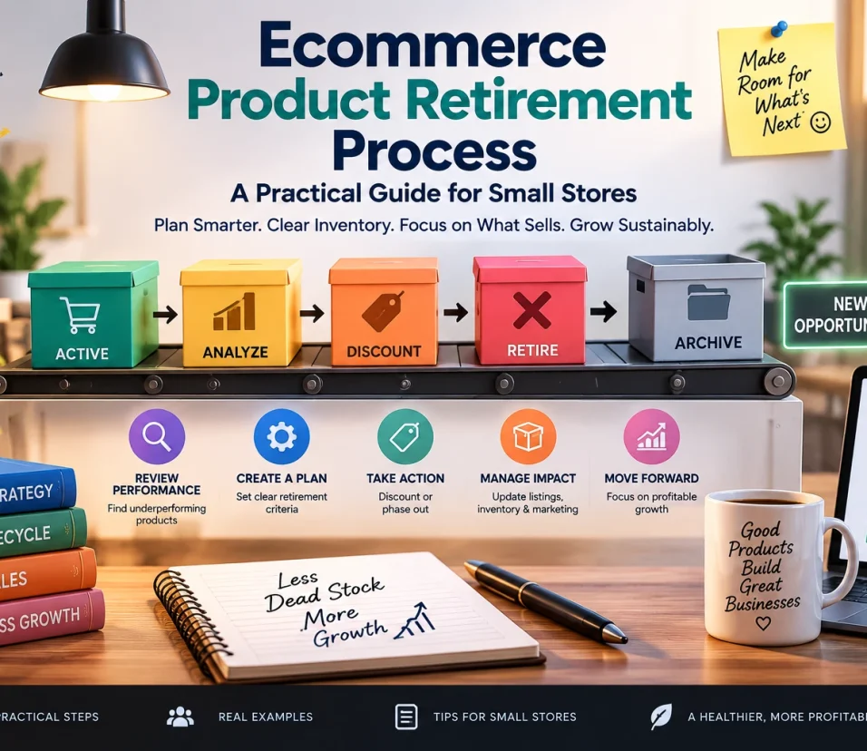 Ecommerce product retirement process showing inventory review, discounting, product removal and archive steps for small stores