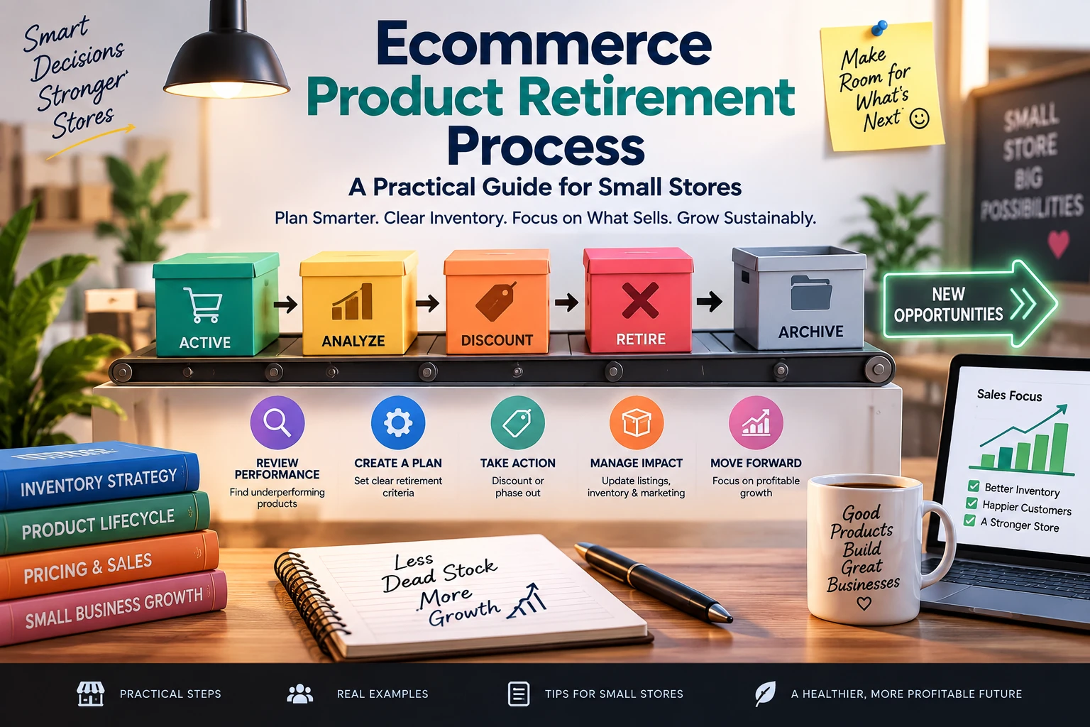 Ecommerce product retirement process showing inventory review, discounting, product removal and archive steps for small stores