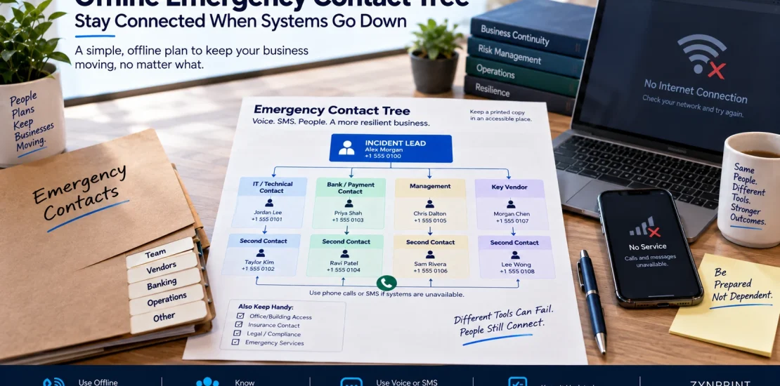 Printed offline emergency contact tree connecting small business incident response roles