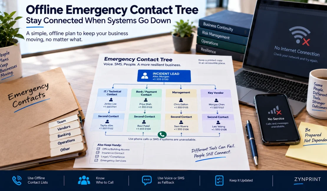 Printed offline emergency contact tree connecting small business incident response roles