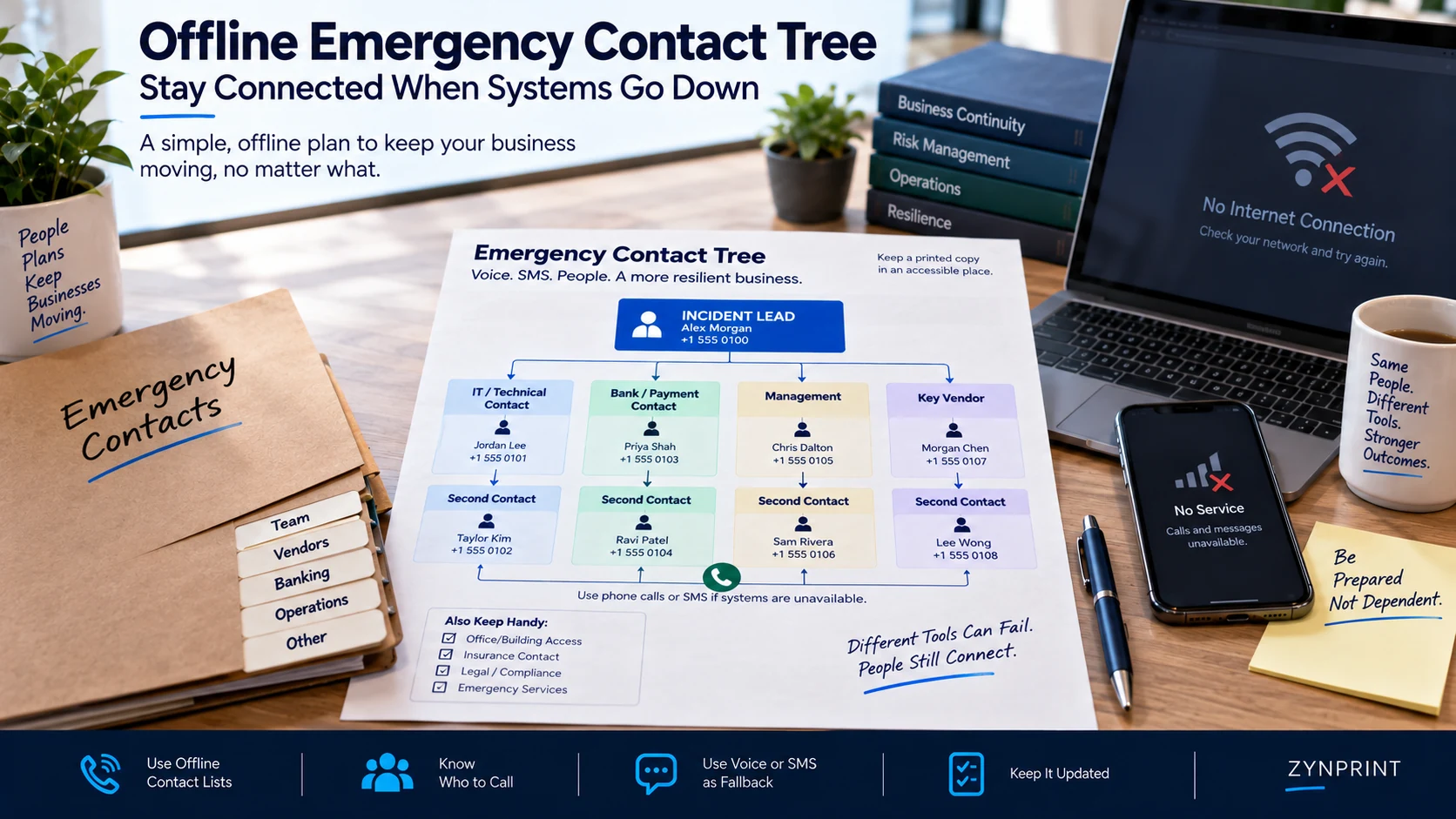 Printed offline emergency contact tree connecting small business incident response roles
