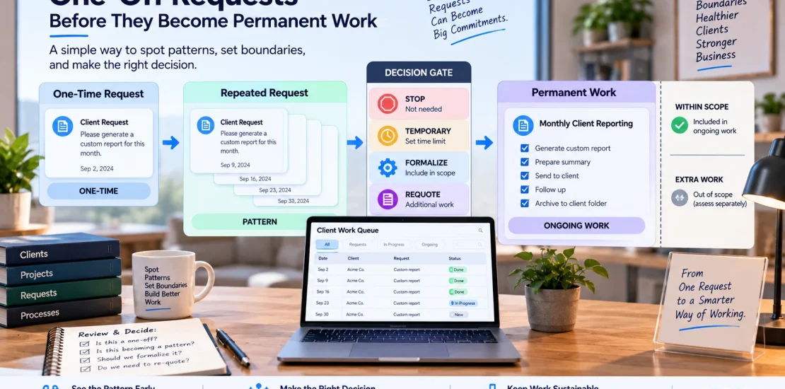 One-off client request becoming repeated permanent work through an escalating business workflow