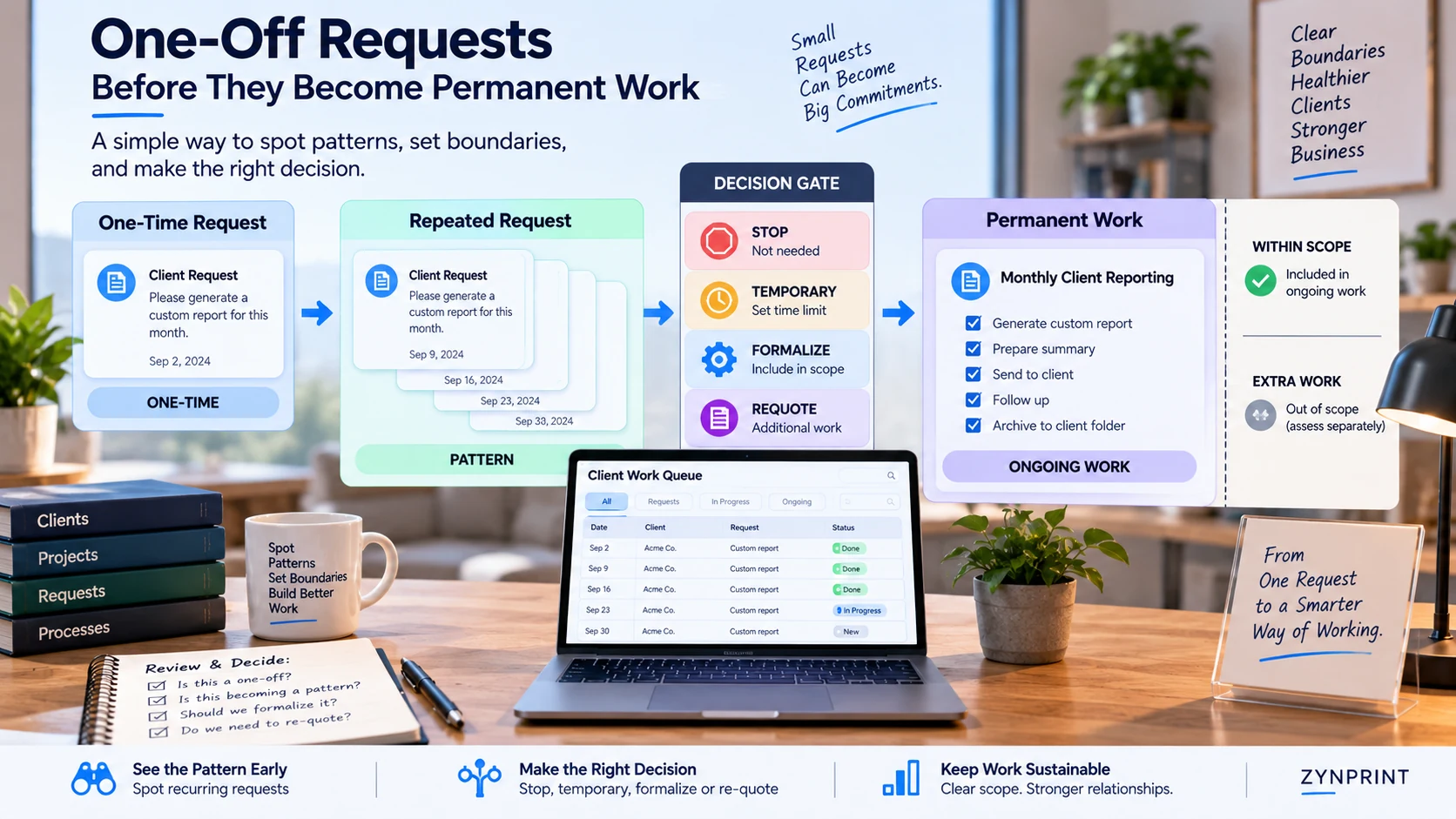 One-off client request becoming repeated permanent work through an escalating business workflow