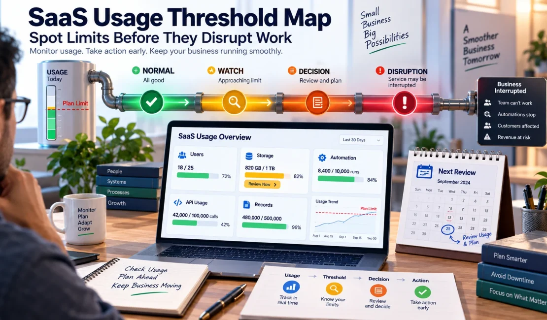 SaaS usage threshold map showing business resources approaching plan limits