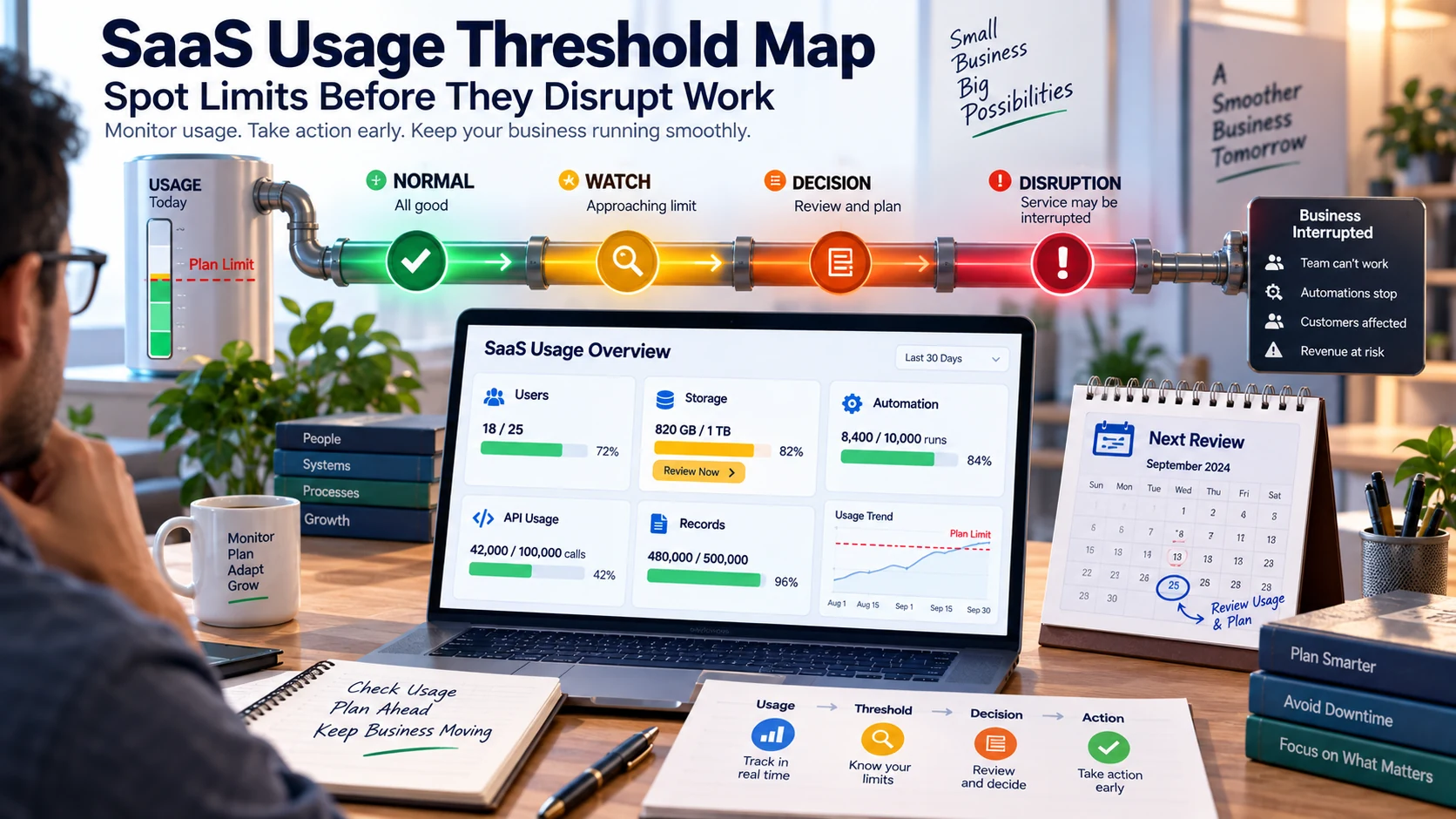SaaS usage threshold map showing business resources approaching plan limits