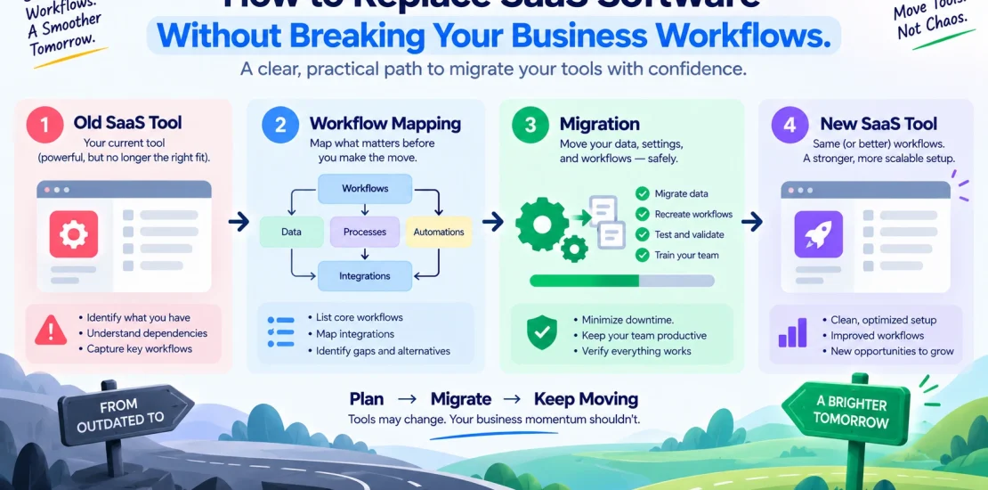 Laptop showing SaaS migration from an old tool to a new tool with business workflow steps