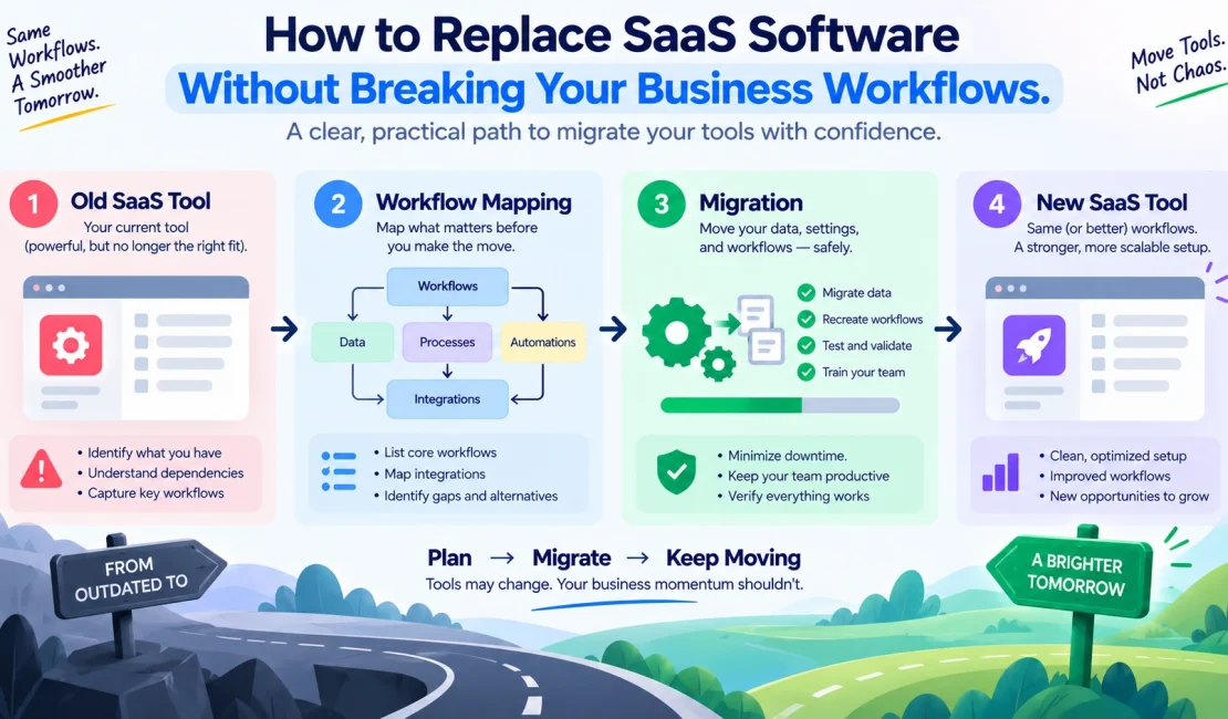 Laptop showing SaaS migration from an old tool to a new tool with business workflow steps