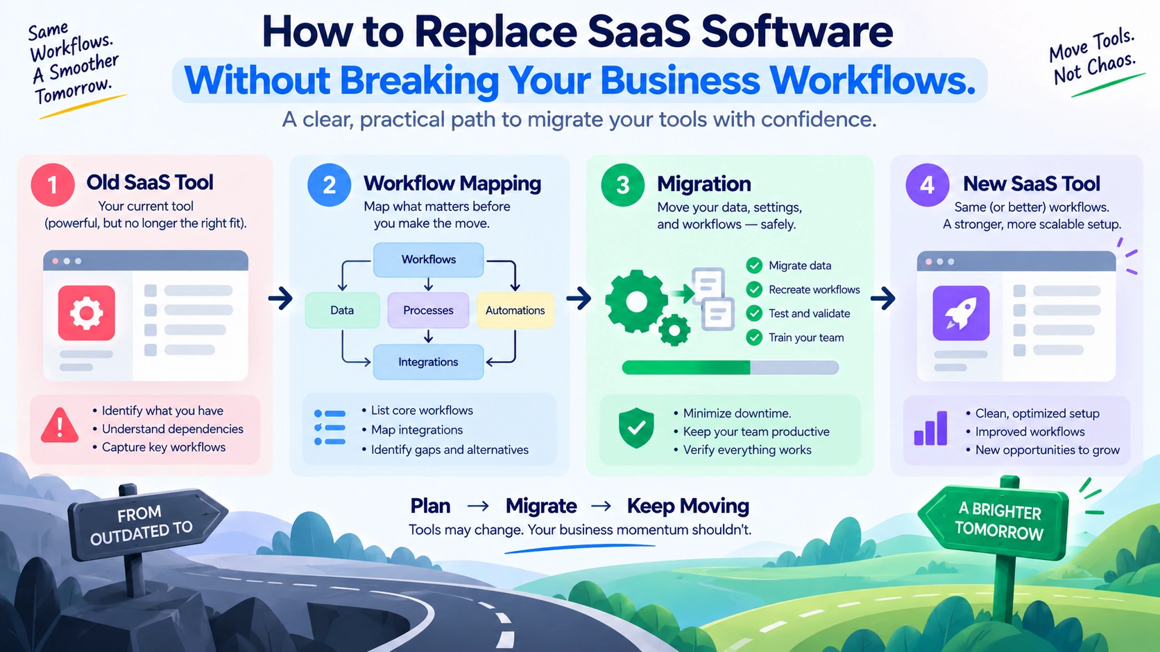 Laptop showing SaaS migration from an old tool to a new tool with business workflow steps