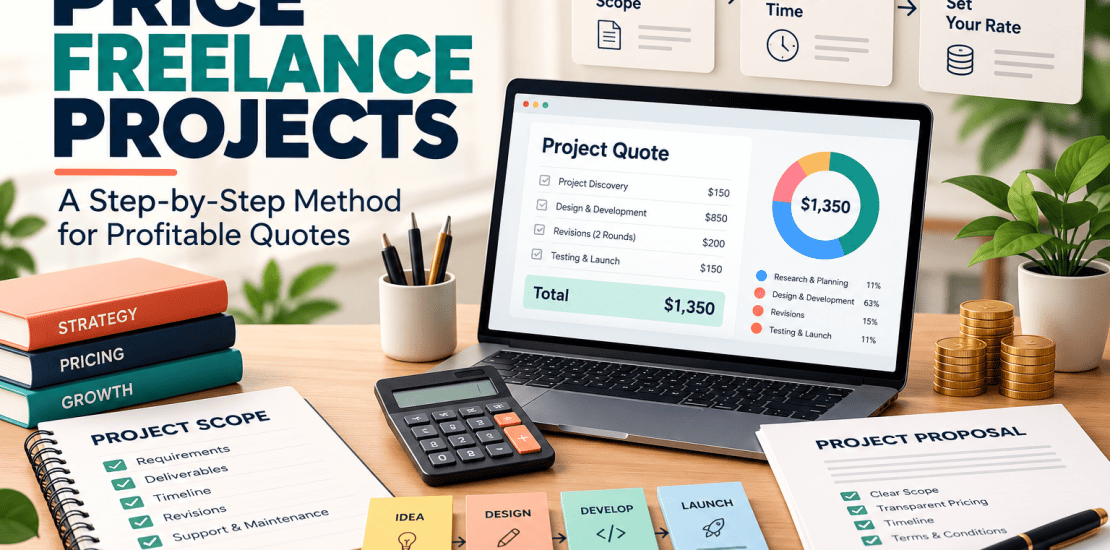 Freelance project pricing illustration showing a project quote breakdown, pricing workflow, scope checklist, and calculator