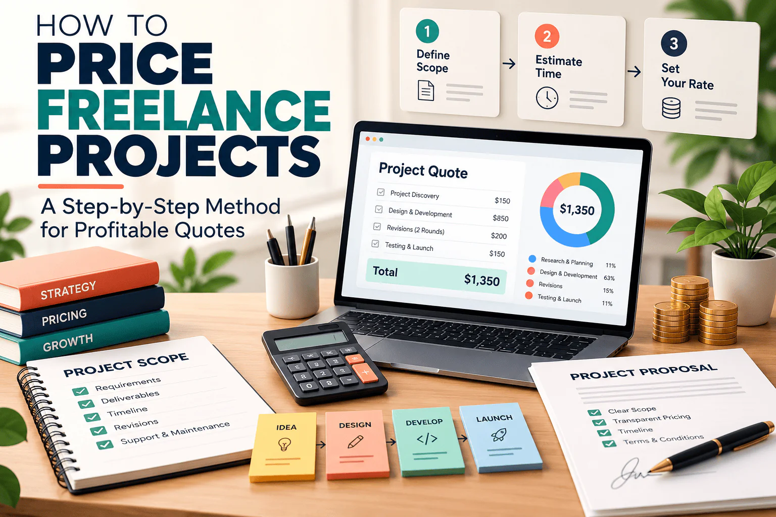 Freelance project pricing illustration showing a project quote breakdown, pricing workflow, scope checklist, and calculator